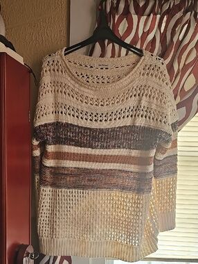 Three Bird Nest Cream Open-Knit Sweater with Brown & Rust Stripes